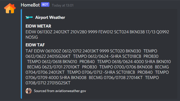 HomeBot airport METAR/TAF request